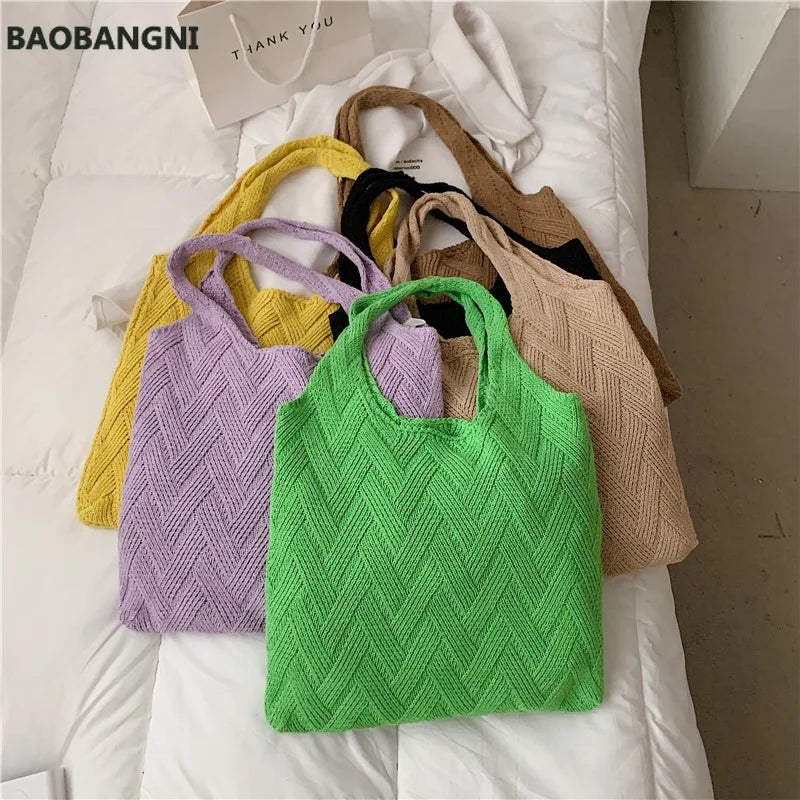 Summer Knitting Tote Bag Large Capacity Shoulder Bag Casual Retro Woman Bolsas