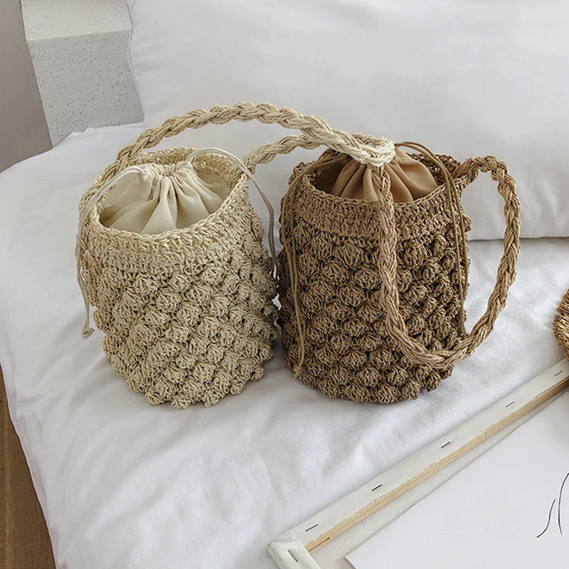 Summer Drawstring Straw Bucket Bag for Women Beach Shoulder Bag