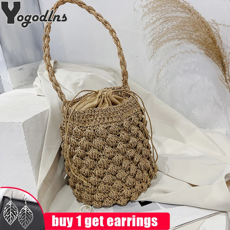 Summer Drawstring Straw Bucket Bag for Women Beach Shoulder Bag