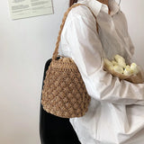 Summer Drawstring Straw Bucket Bag for Women Beach Shoulder Bag