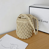 Summer Drawstring Straw Bucket Bag for Women Beach Shoulder Bag