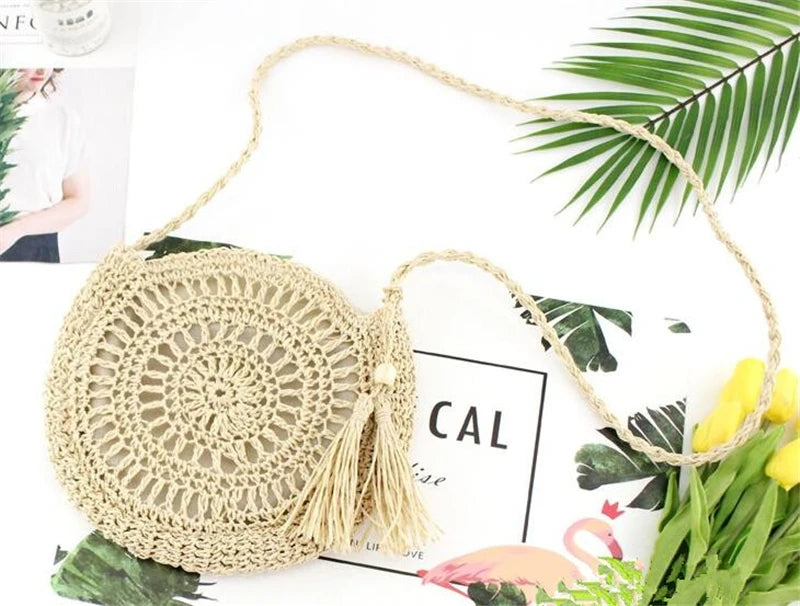 Round Soft Paper Rope Shoulder Bag Tassel Straw Crossbody Bag