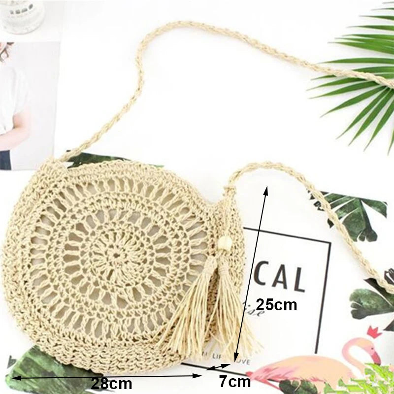Round Soft Paper Rope Shoulder Bag Tassel Straw Crossbody Bag