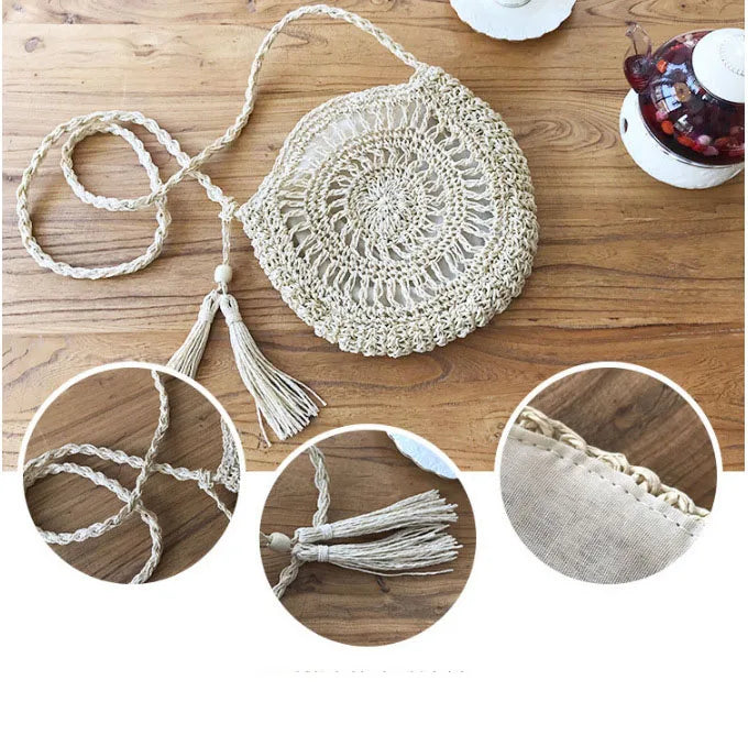 Round Soft Paper Rope Shoulder Bag Tassel Straw Crossbody Bag