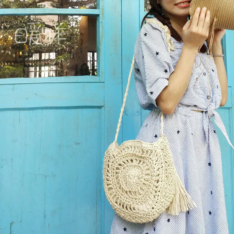 Round Soft Paper Rope Shoulder Bag Tassel Straw Crossbody Bag