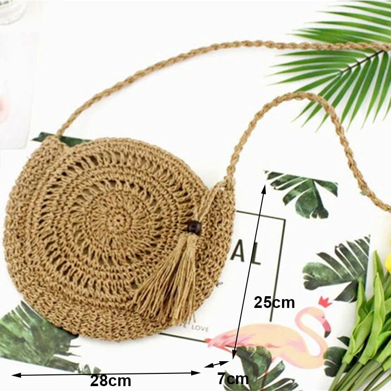Round Soft Paper Rope Shoulder Bag Tassel Straw Crossbody Bag