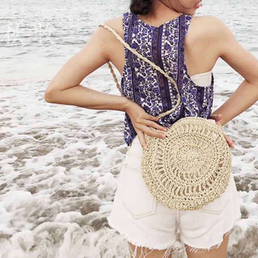 Round Soft Paper Rope Shoulder Bag Tassel Straw Crossbody Bag