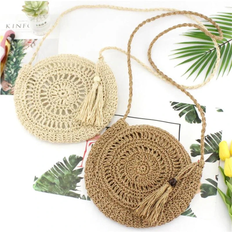 Round Soft Paper Rope Shoulder Bag Tassel Straw Crossbody Bag