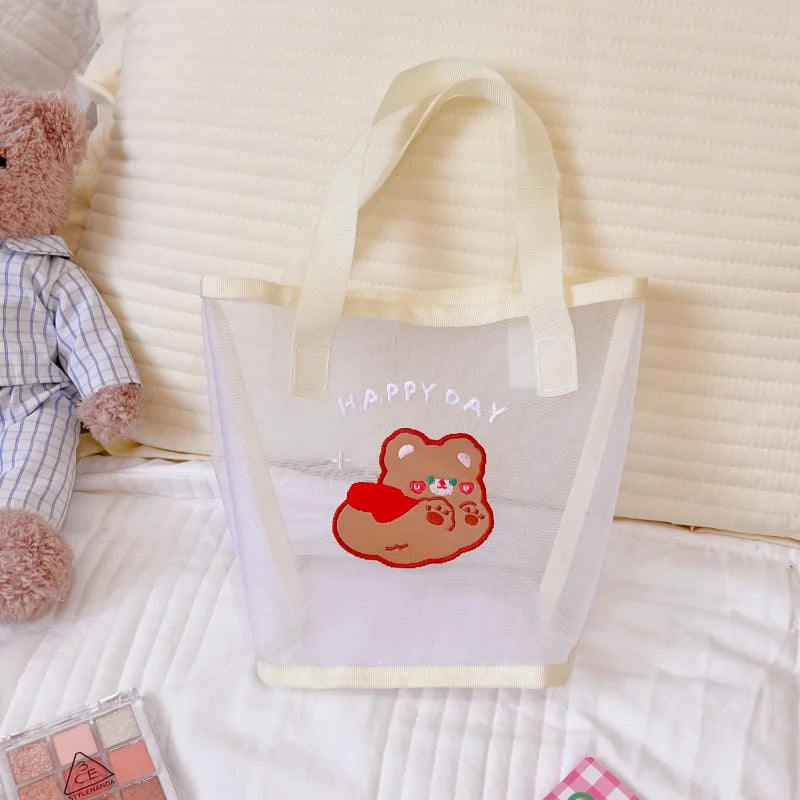 Summer Vintage Female Bag Bear Transparent Mesh Hand-held Shoulder Bags