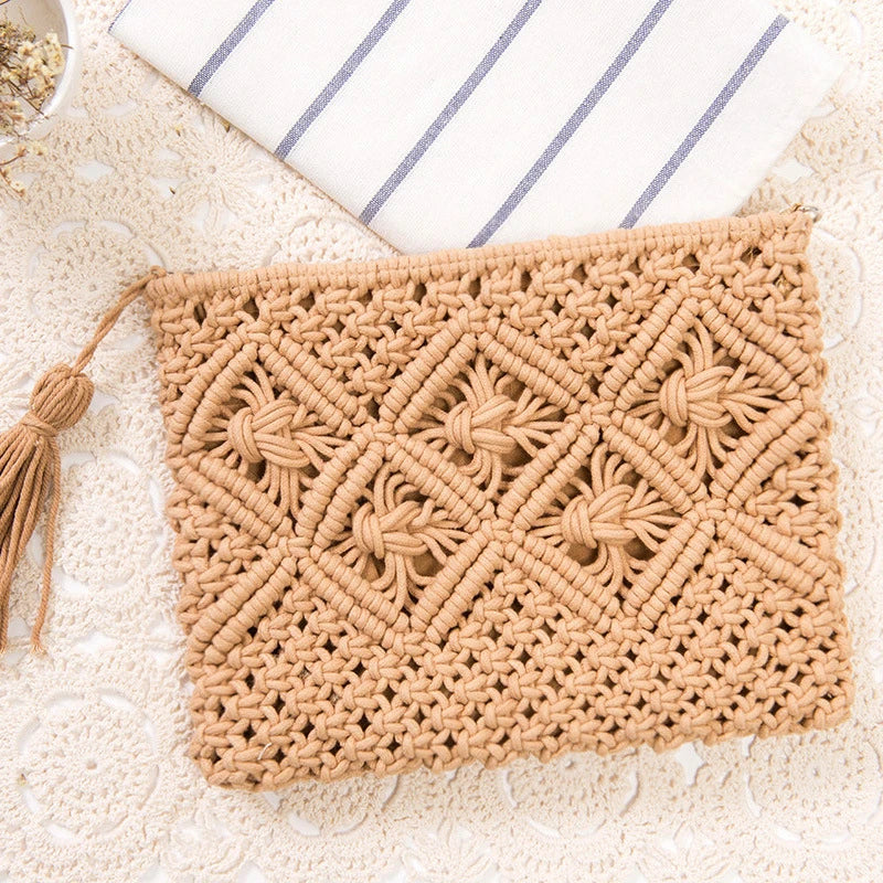 Rattan Woven Handbag with Straw Tassel Beach Bag
