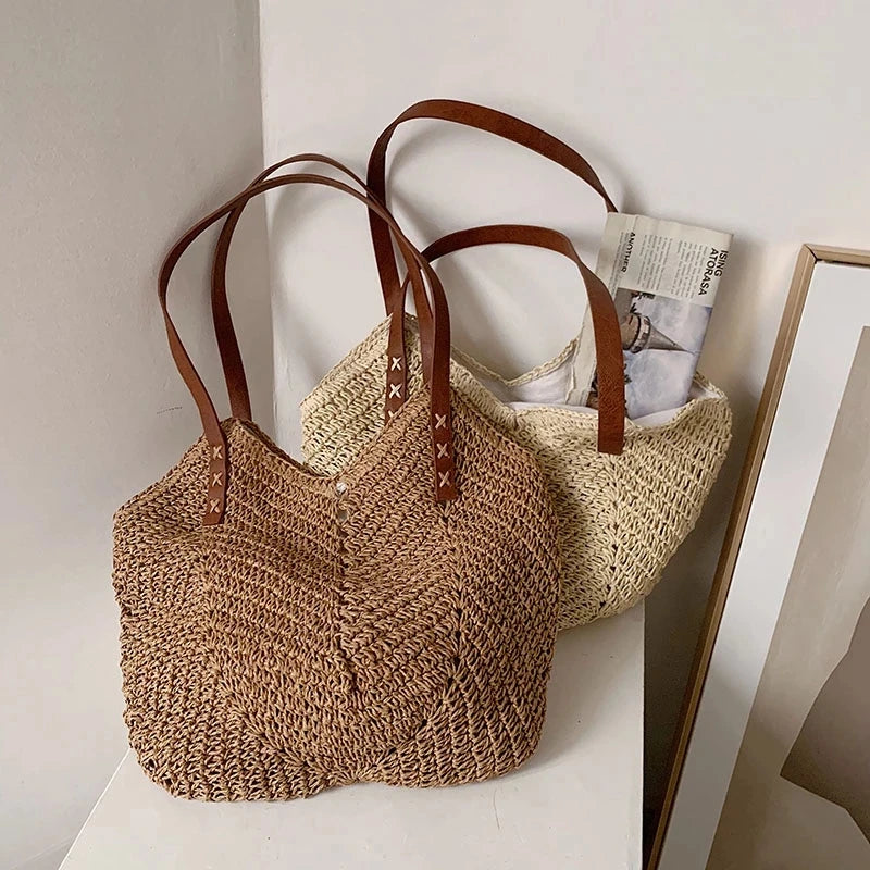 Straw Beach Bag Woven Shoulder Rattan Shopping Tote Bohemian Vacation