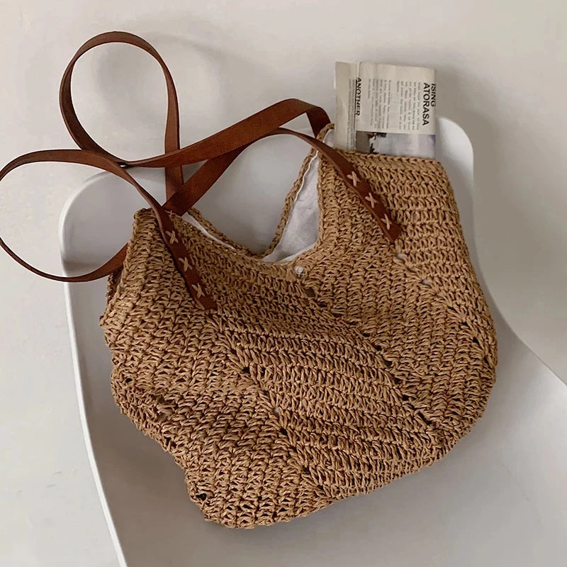 Straw Beach Bag Woven Shoulder Rattan Shopping Tote Bohemian Vacation