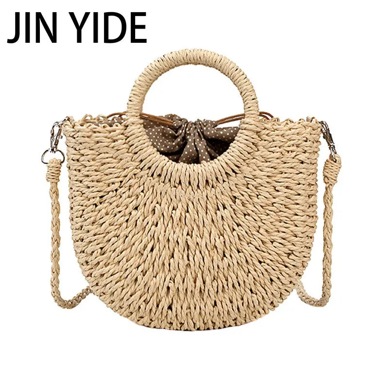 Straw Handbag Wooden Handle Paper Rope Woven Beach Bag