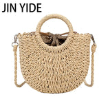 Straw Handbag Wooden Handle Paper Rope Woven Beach Bag