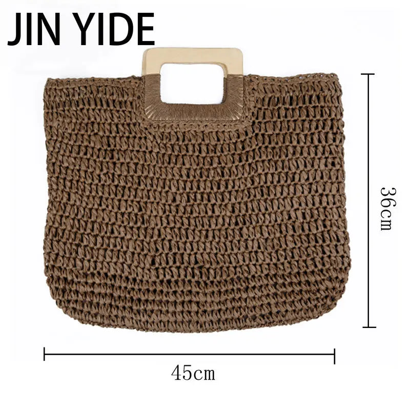 Straw Handbag Wooden Handle Paper Rope Woven Beach Bag