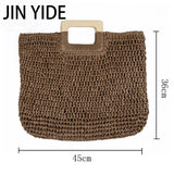 Straw Handbag Wooden Handle Paper Rope Woven Beach Bag