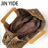 Straw Handbag Wooden Handle Paper Rope Woven Beach Bag