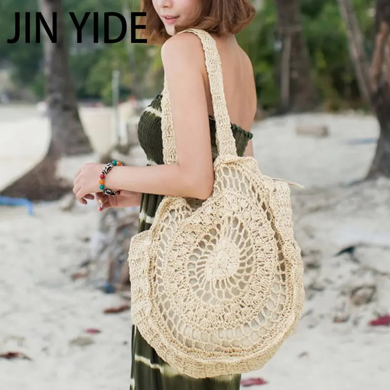 Straw Handbag Wooden Handle Paper Rope Woven Beach Bag