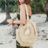 Straw Handbag Wooden Handle Paper Rope Woven Beach Bag