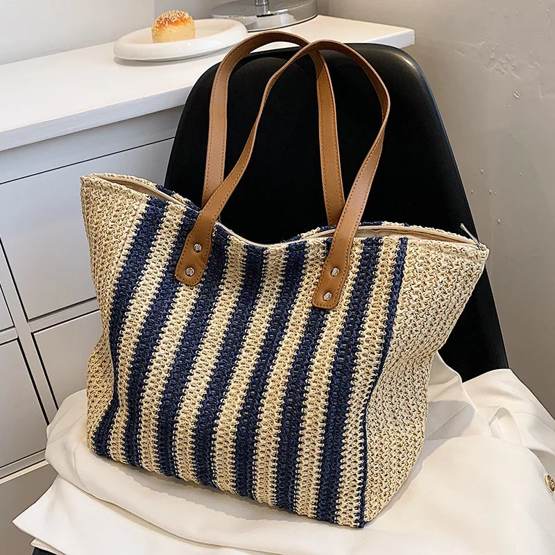 Summer Striped Straw Bag Large Capacity Handle Bag
