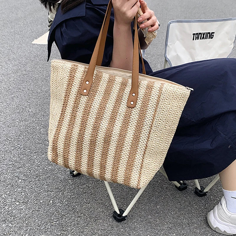 Summer Striped Straw Bag Large Capacity Handle Bag