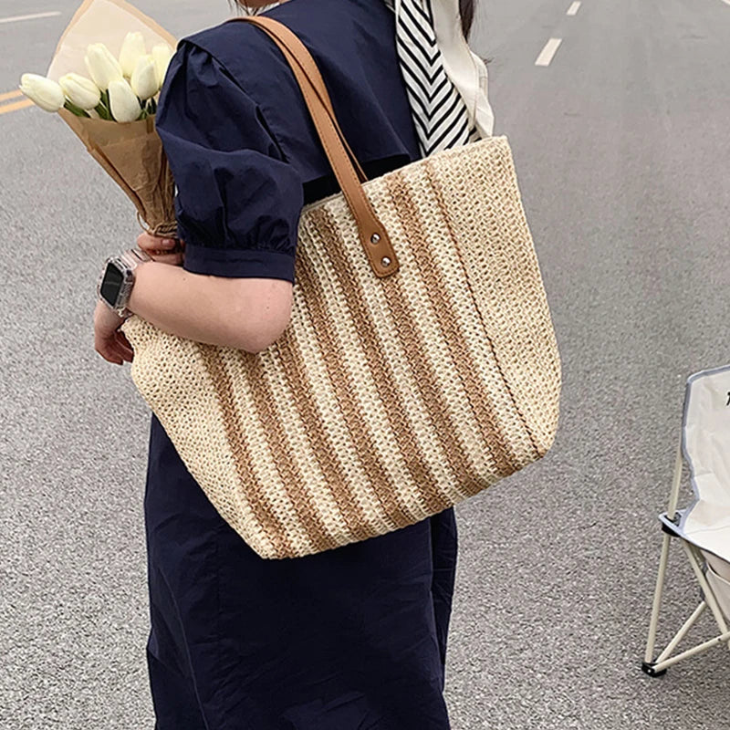 Summer Striped Straw Bag Large Capacity Handle Bag