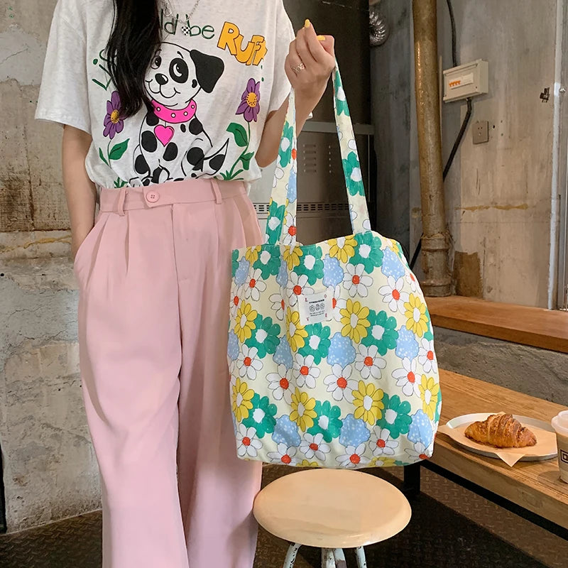 Purple Flower Canvas Shopper Handbag for Women Girls