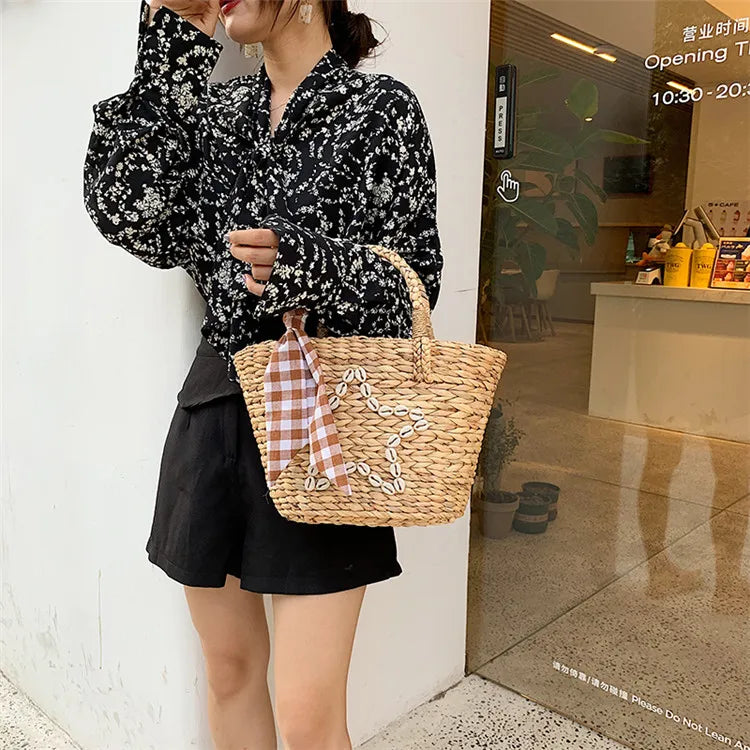 Sweet Girl Straw Rattan Bag & Knitting Scarf Set