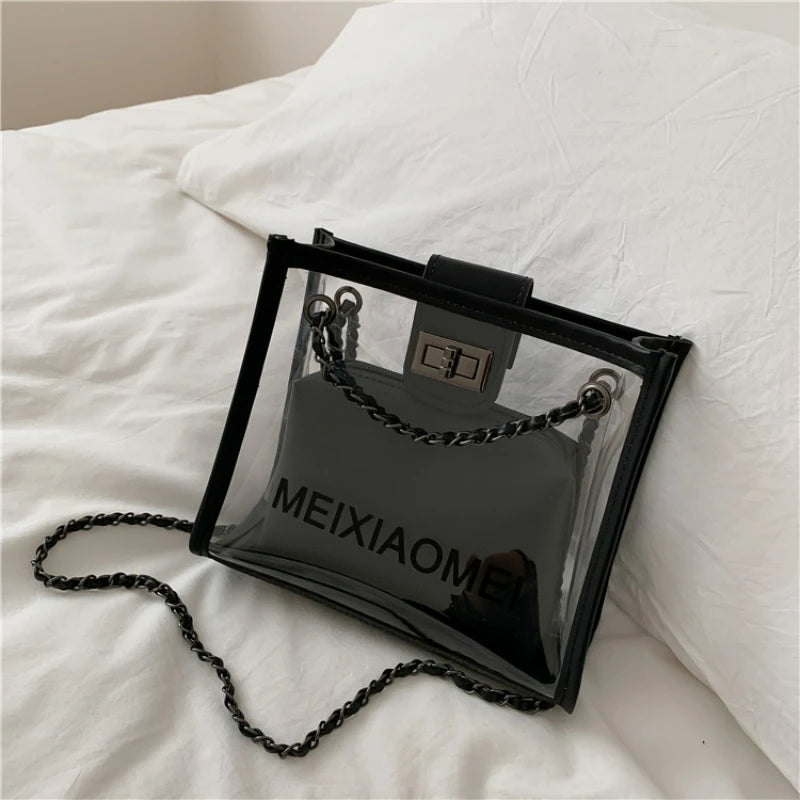 Printed Transparent PVC Leather Shoulder Bag Large Capacity Handbag