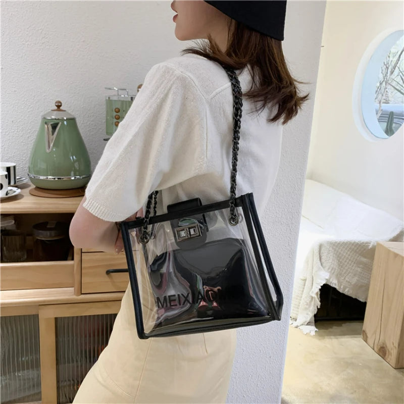 Printed Transparent PVC Leather Shoulder Bag Large Capacity Handbag