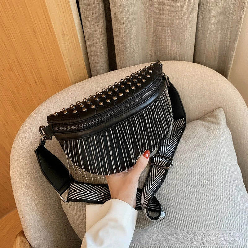 Tassel Chest Bag for Women Crossbody Waist Bag Rivet Texture Handbags