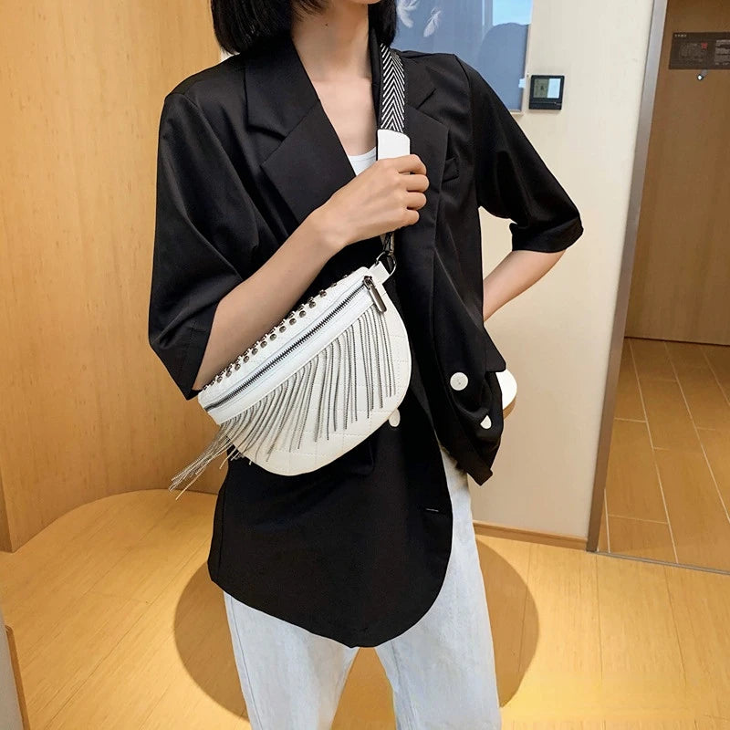 Tassel Chest Bag for Women Crossbody Waist Bag Rivet Texture Handbags