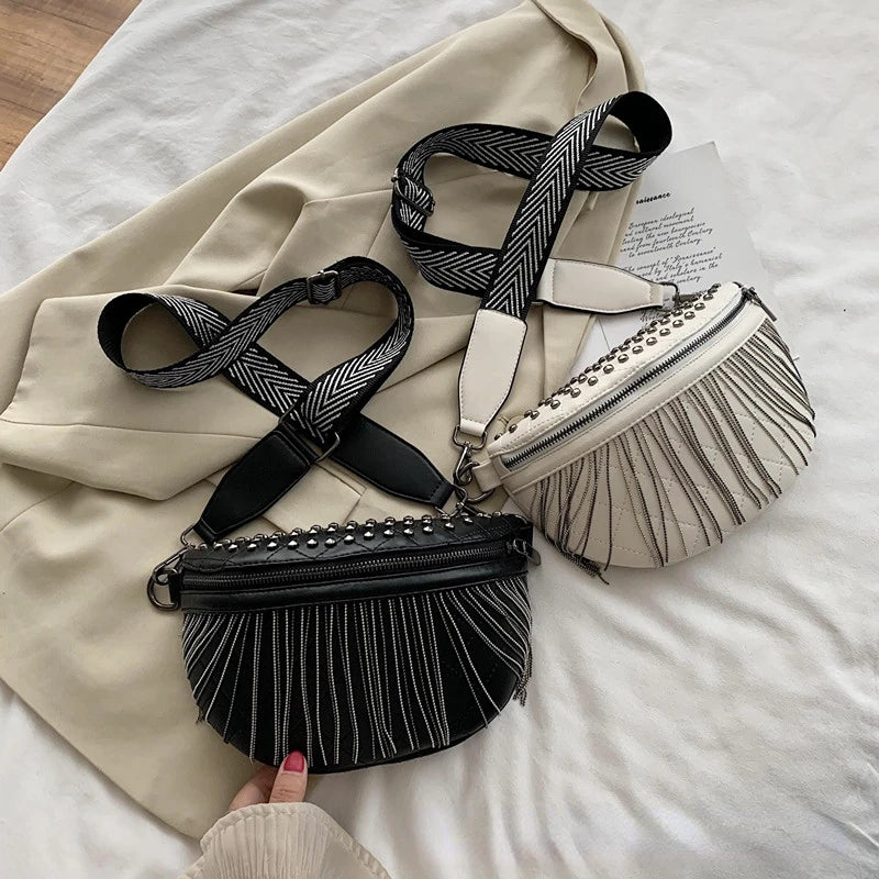 Tassel Chest Bag for Women Crossbody Waist Bag Rivet Texture Handbags