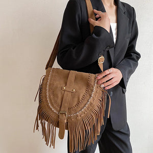 Faux Suede Fringed Shoulder Bag Brown
