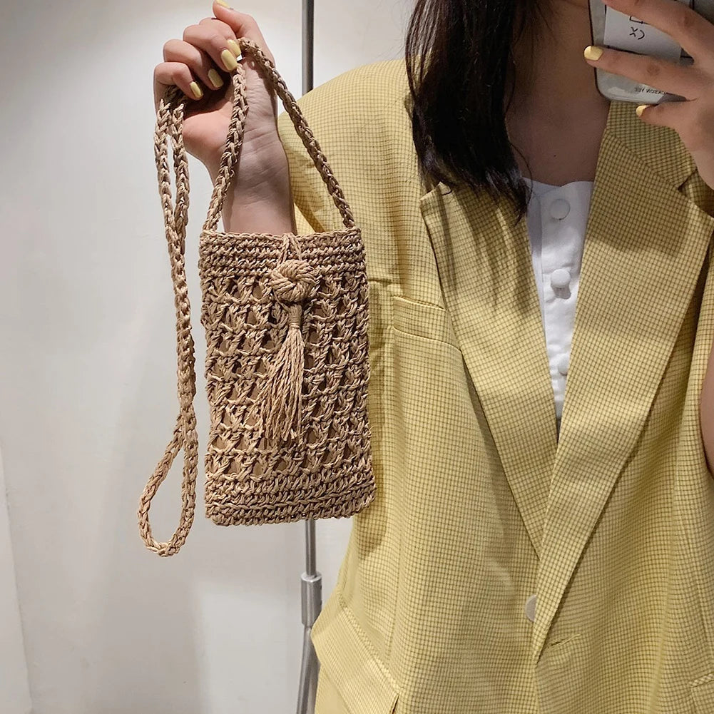 Women's Straw Rope Messenger Bag Tassels Small Crossbody Hand Woven Purse