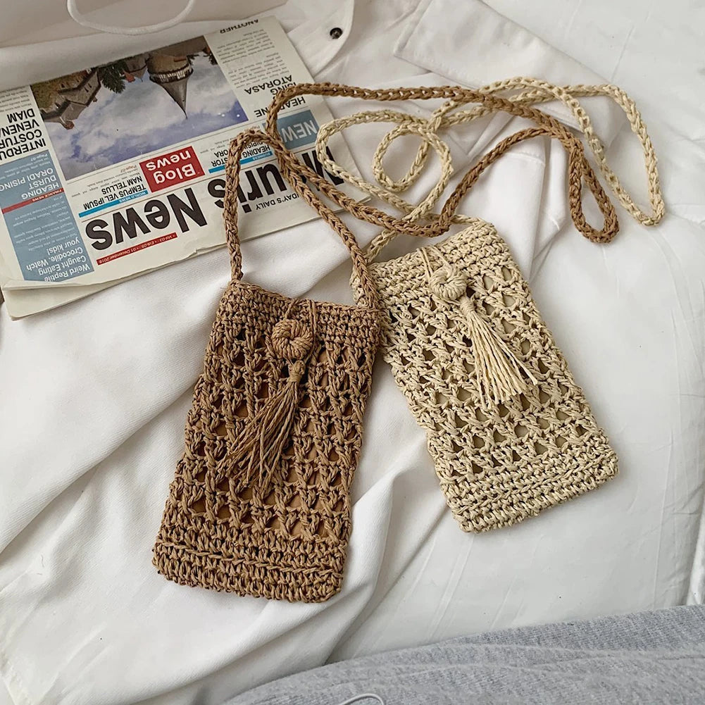 Women's Straw Rope Messenger Bag Tassels Small Crossbody Hand Woven Purse