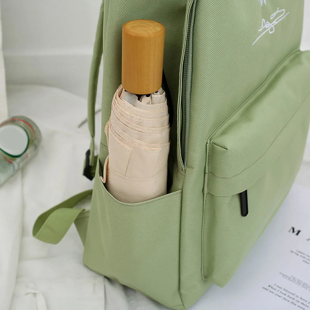Green Daisy Embroidery Canvas Backpack for Girls