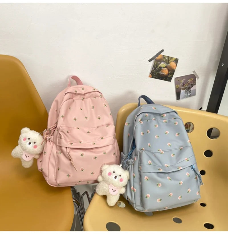 Teen Girls School Backpack Small Floral Print Nylon Travel Bookbag