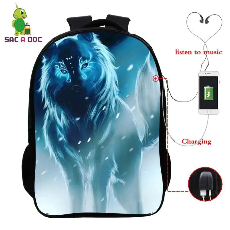 Child Wolf Nylon 3D Backpack Waterproof Student Girls Boys Schoolbag