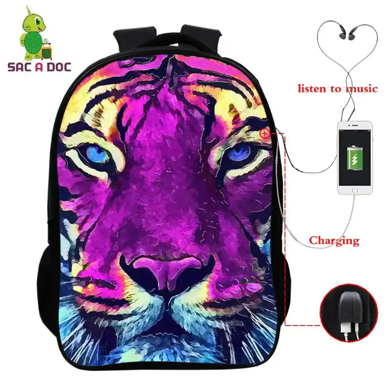 Child Wolf Nylon 3D Backpack Waterproof Student Girls Boys Schoolbag
