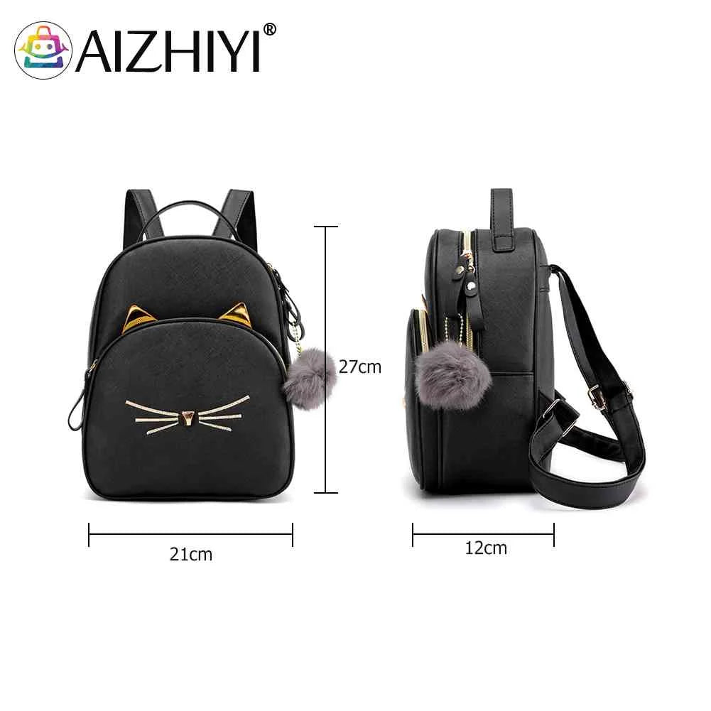 Cat Cartoon School Bag PU Leather Lightweight Handbag for Teens