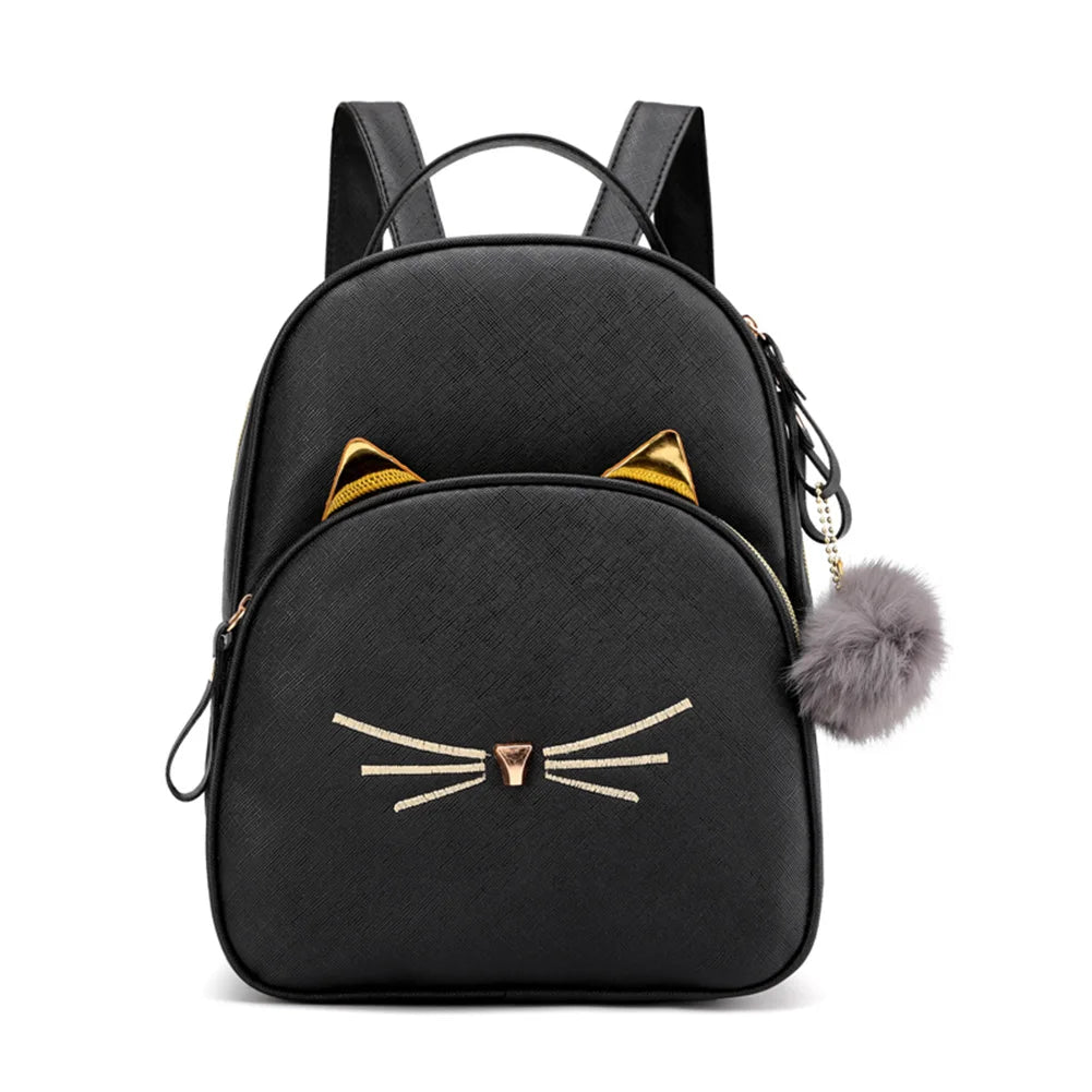 Cat Cartoon School Bag PU Leather Lightweight Handbag for Teens