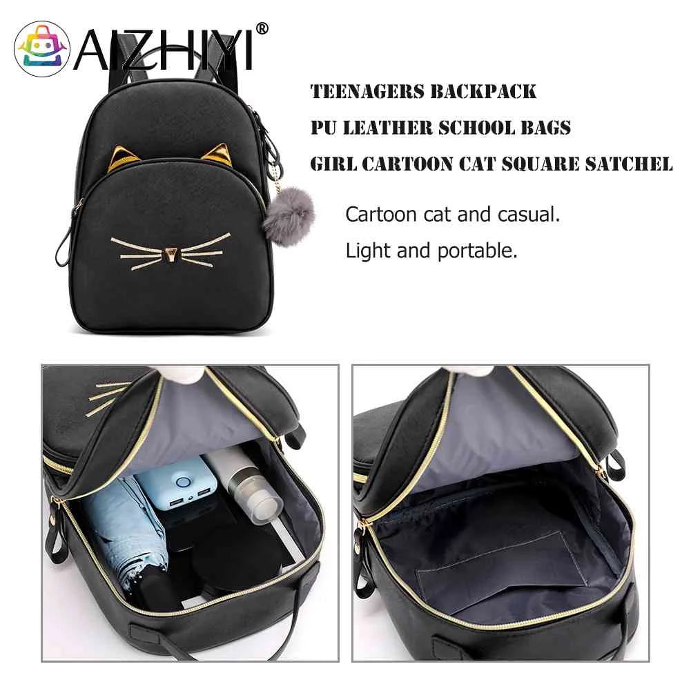 Cat Cartoon School Bag PU Leather Lightweight Handbag for Teens