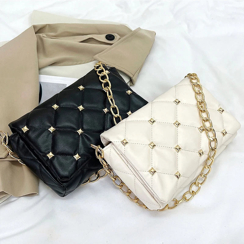 Thick Chains Shoulder Bag PU Leather Flap Underarm Bag Diamond Armpit Handbag