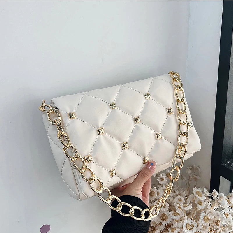 Thick Chains Shoulder Bag PU Leather Flap Underarm Bag Diamond Armpit Handbag