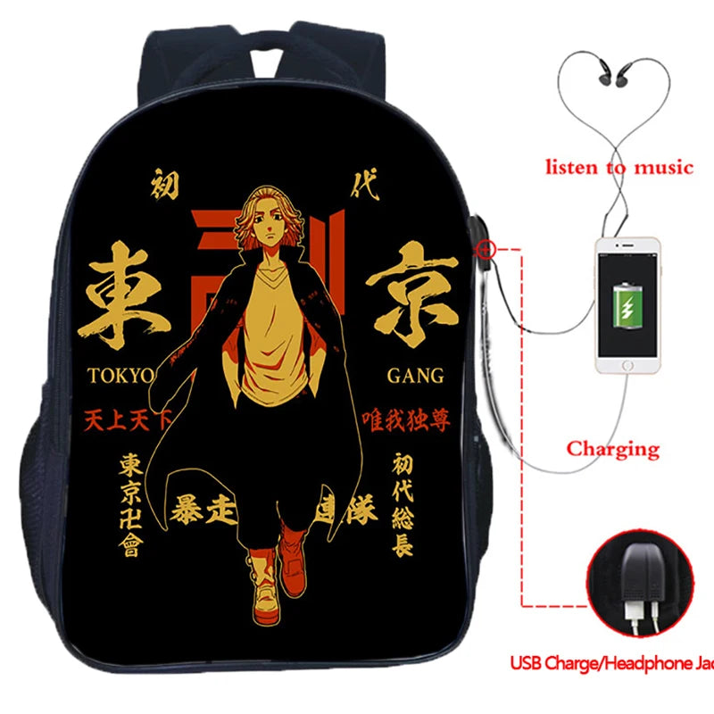 Tokyo Revengers USB Charging Backpack Casual Travel Laptop Rucksack Anime