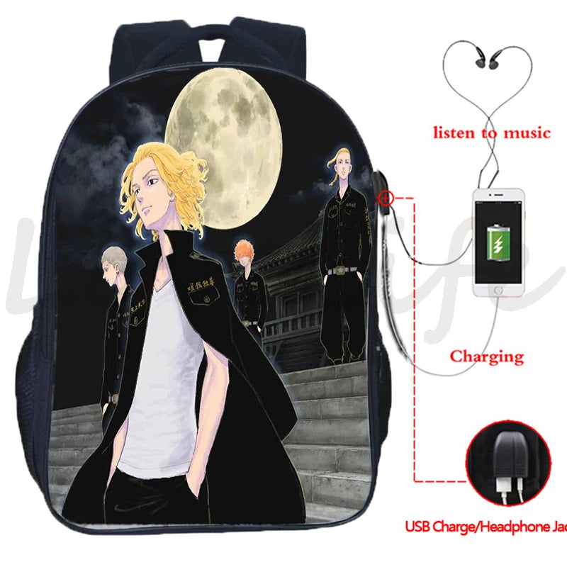 Tokyo Revengers USB Charging Backpack Casual Travel Laptop Rucksack Anime