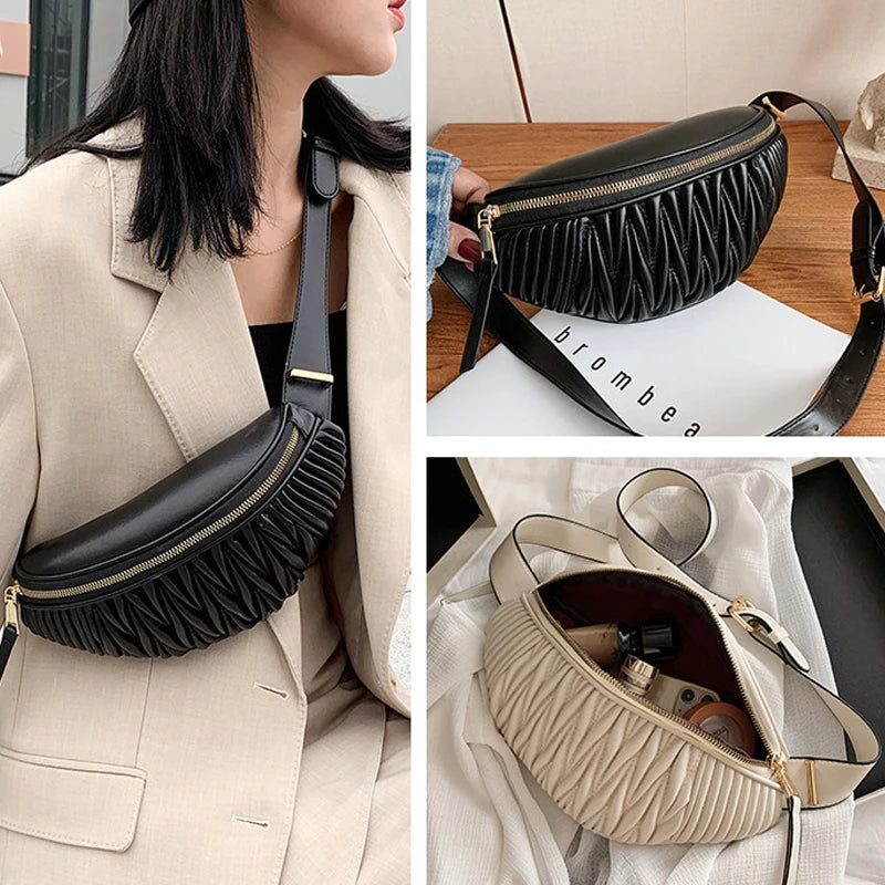 Female Belt Bag Striped Waist Leather Chest Shoulder Fanny Pack