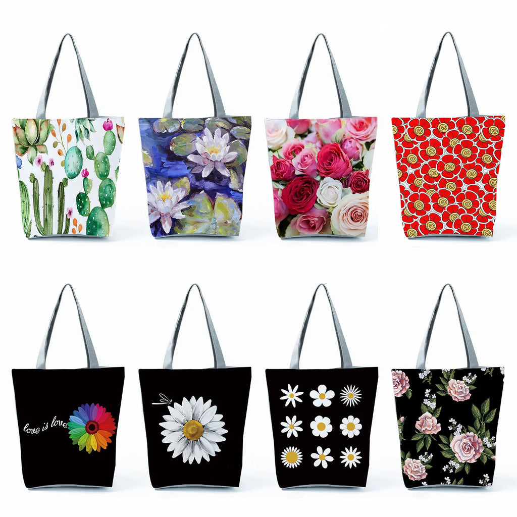 Botanical Flower Print Tote Bag Large Capacity School Teacher Gift Shopping Bag