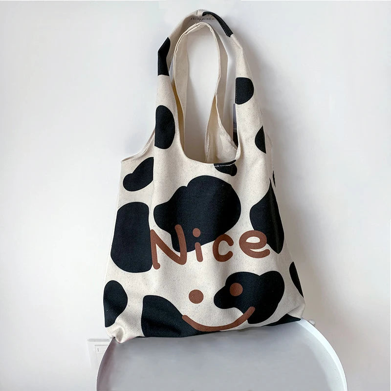 Canvas Shoulder Bag Smiley Cow Print Large Capacity Handbags